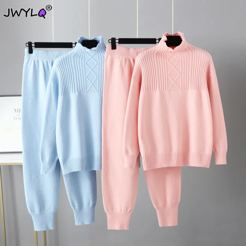 

Mock Neck Sweater Two Piece Sets Women Casual Ribbed Knitted Pullover Suits 2022 High Wasit Knitwear Ankle-length Pants Outfits