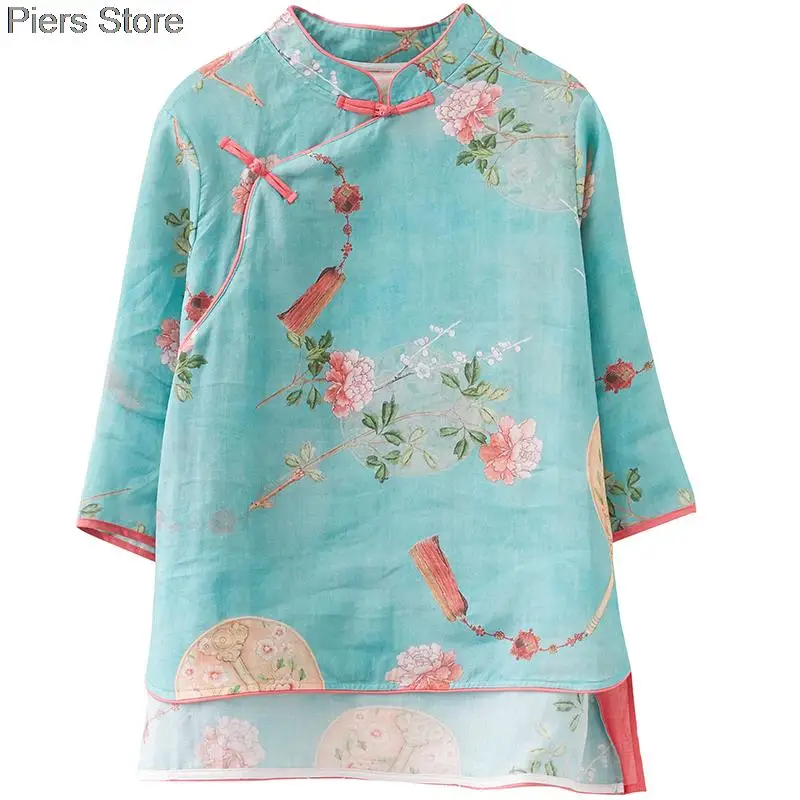 Костюм Тан из хлопка и льна Женская Осенняя новая свободная футболка в китайском