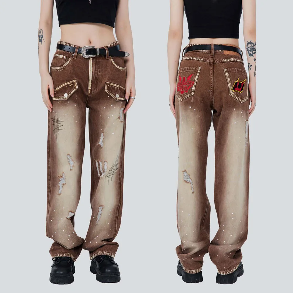 

Джинсы для мужчин, уличная одежда, стиль хип-хоп Vibe, вышитые дырками, Свободные повседневные Прямые джинсовые брюки, мужские и женские джинс...