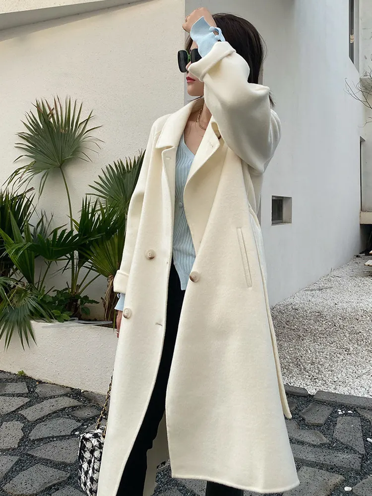 

Кашемировое Новое высококачественное двустороннее шерстяное пальто модное свободное двубортное пальто из чистой шерсти на шнуровке в Корейском стиле