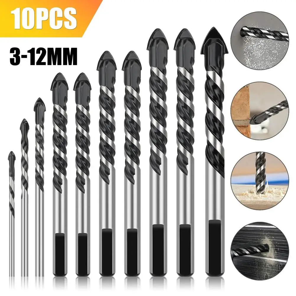 

10 Pieces Drill Bits Set With Triangle Shank Plastic Containers Suitable For Cement Concrete Ceramic Tiles Glass Wood