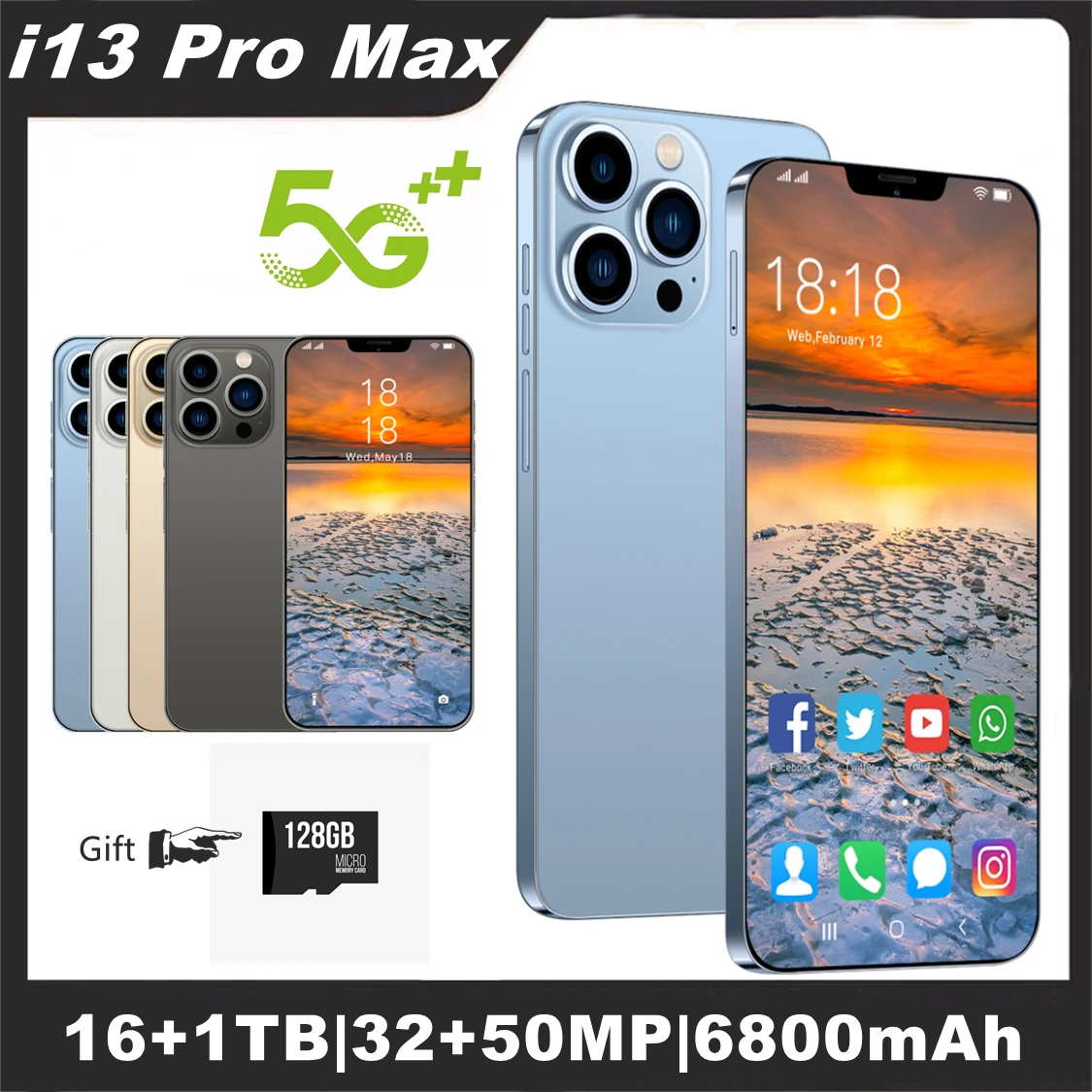 

Телефон i13 Pro Max Φ разблокированный смартфон 6,7 дюймов челка экран 16 ГБ + ТБ 6800 мАч 10 ядер мобильные телефоны
