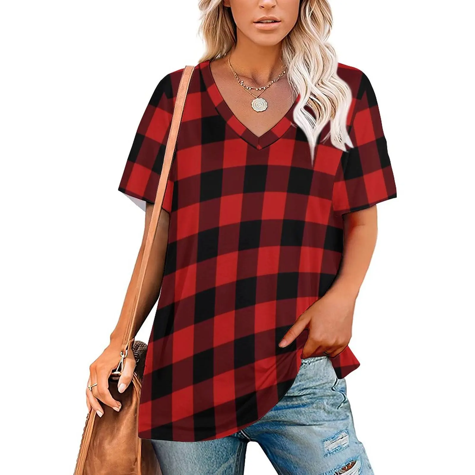 

Buffalo Plaid T Shirts Red and Black Checks V Neck Casual Oversize T Shirt Short-Sleeve Women Aesthetic Tshirt Pattern Top Tees