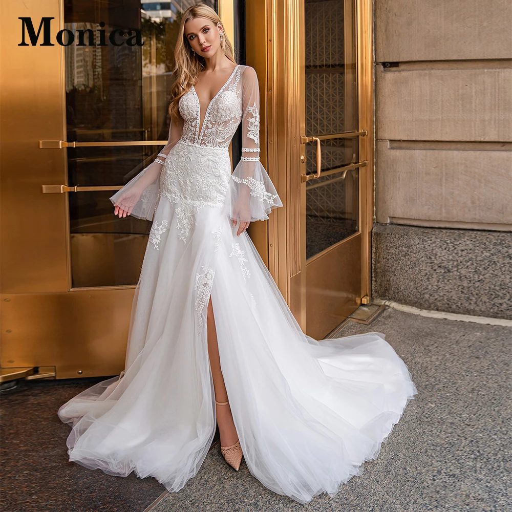 

MONICA Stylish Flare Sleeve Side Slit Trumpet Deep V-Neck Wedding Dresses Appliques Made To Order Vestido De Casamento Charming