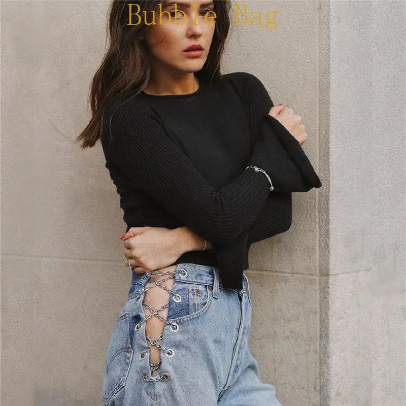 Sexy high waist jeans Europe and the United States 2023 new ins chain carved straight trousers female