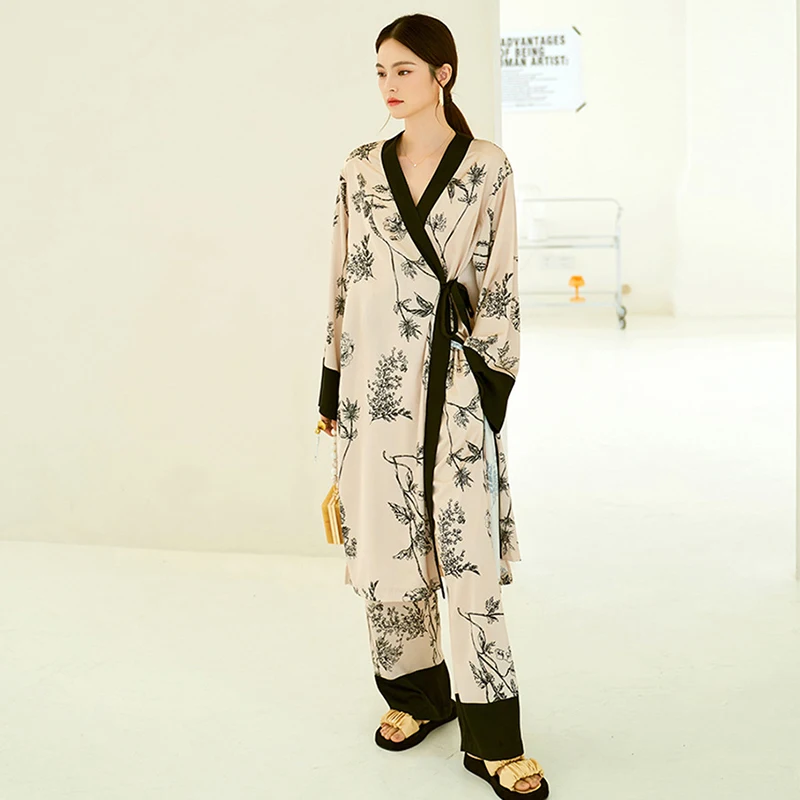 Kimono Pajama Set Women's Oversize Floral Print Silk Laides Sleepwear Saitn Luxury 2 Pieces Set Pijama Suit Pyjama for Female