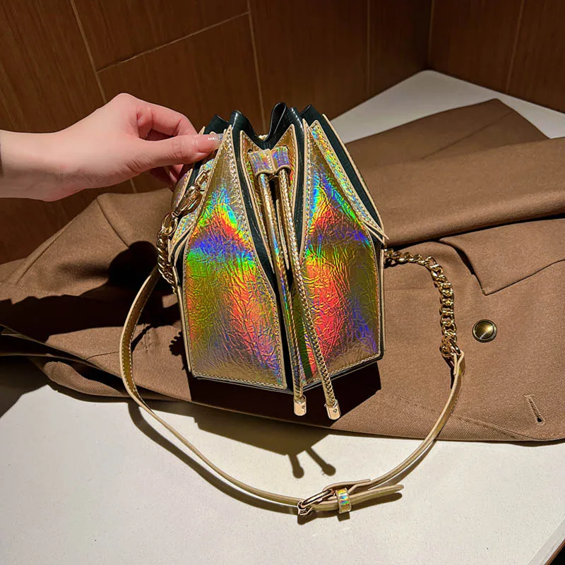 

Модная женская сумка через плечо на цепочке, дизайнерская сумочка с лазерным шнурком, роскошный женский саквояж через плечо из экокожи с ведром