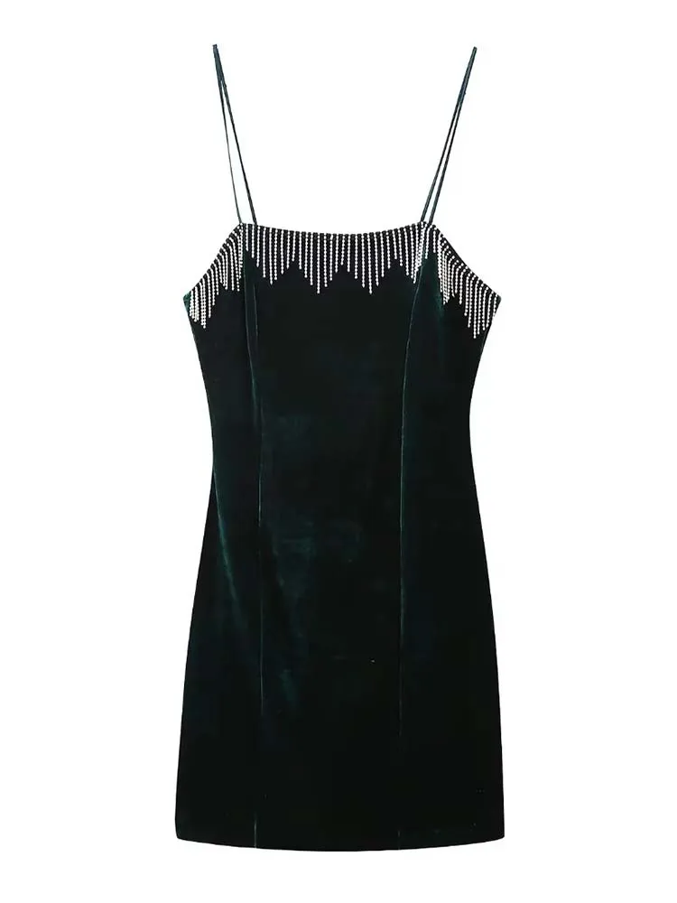 

TRAF 2022 Velvet Mini Dress Woman Slip Short Dress Women Tassels Elegant Party Dresses For Women Sexy Evening Dresses