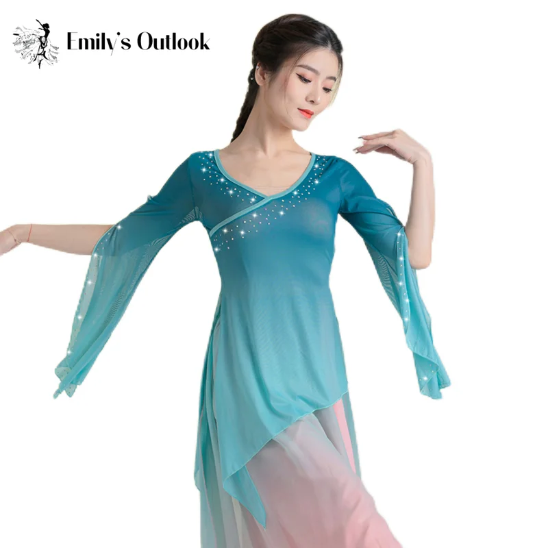 

Slit Sleeve Chinese Classical Dance Gauze Top Women Flowy Rhinestone Mesh Shirt Dancer Practice Clothes Fairy Costume Body Rhyme