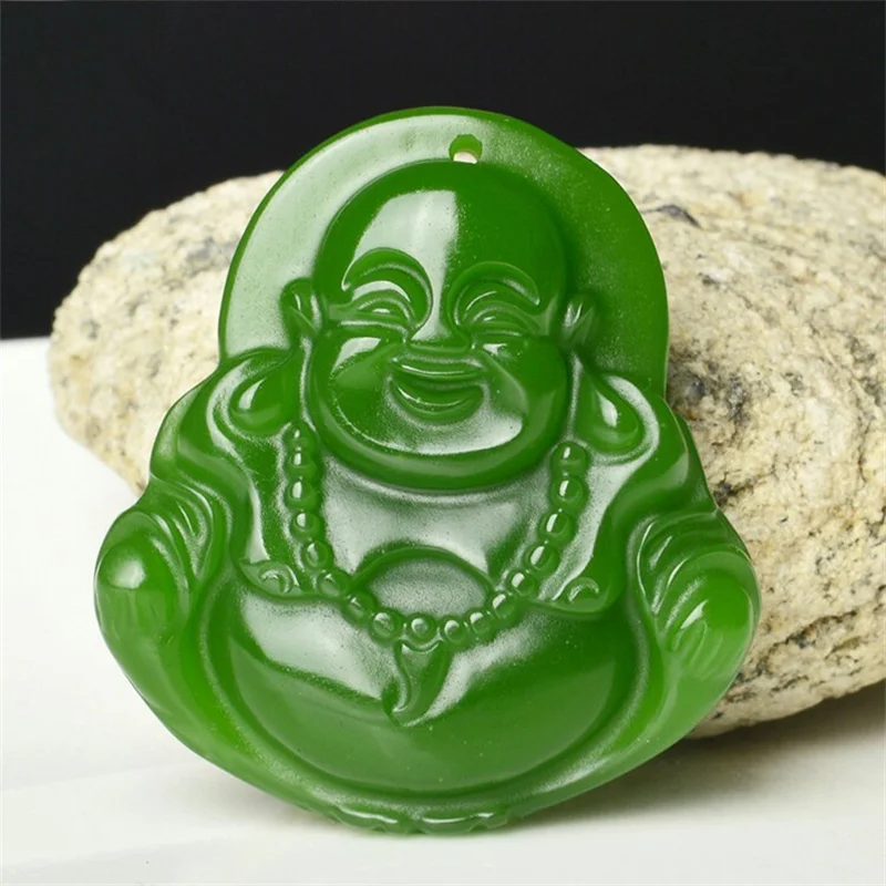 

Natural Green Jade Feng Shui Buddha Pendant Necklace Men Women Fashion Charms Jewellery Hand Carved Maitreya Lucky Amulet Gifts