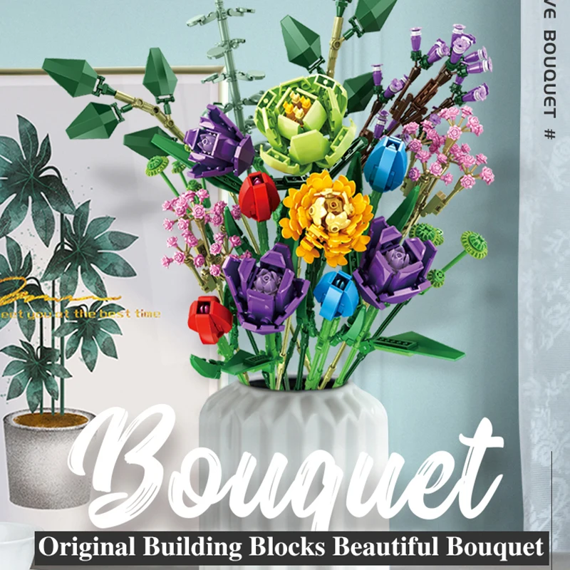 

Technical Ideas Flowers Bouquet Building Blocks Moc Romantic Rose Flower Bricks Home Decoration Diy Toys for Girl Birthday Gift