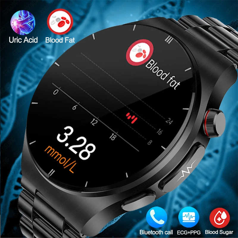 

2023 New Blood Fat Uric Acid Blood Sugar Smartwatch Men ECG Smart Watch Monitoring Non-invasive Blood Glucose Watch For Android