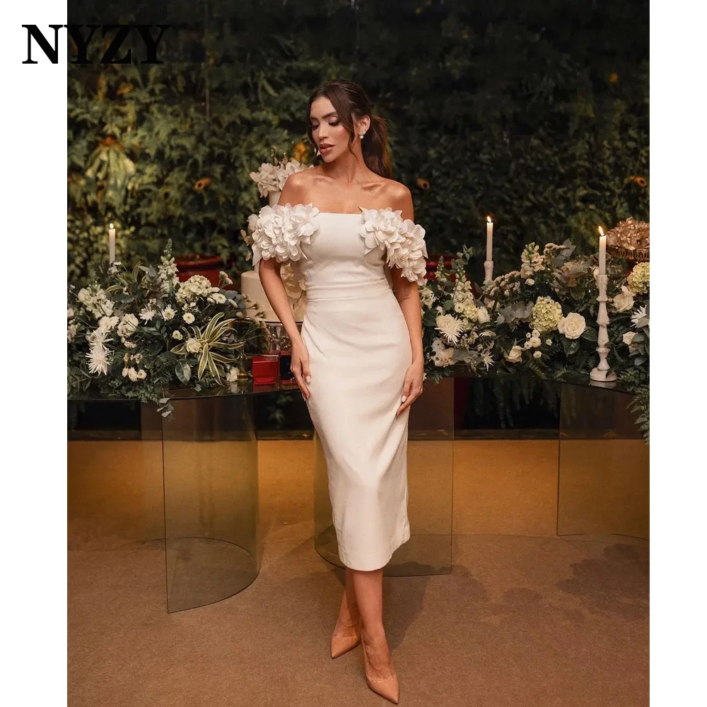 NYZY P167 атласные белые вечерние платья с цветочной розеткой и открытыми плечами