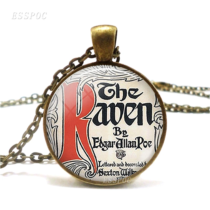

The Raven Literary Necklace Pendant, Edgar Allen Poe The Raven Necklace Literary Bronze Chain Glass Jewelry