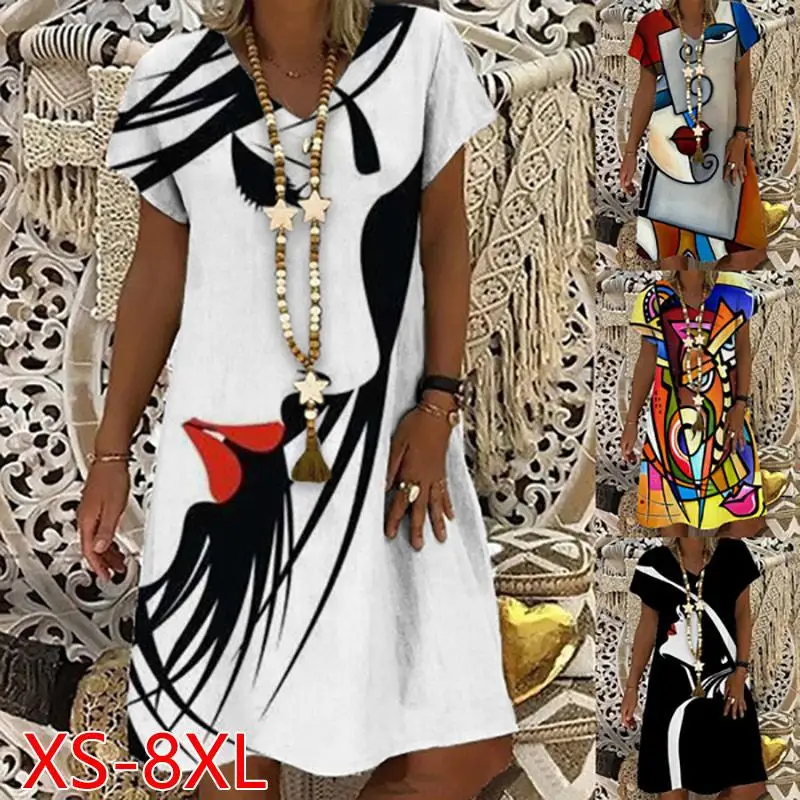 

Plus Size Women's Fashion Loose Casual Short Sleeves V Neck Floral Print Abstract Print Summer Dress