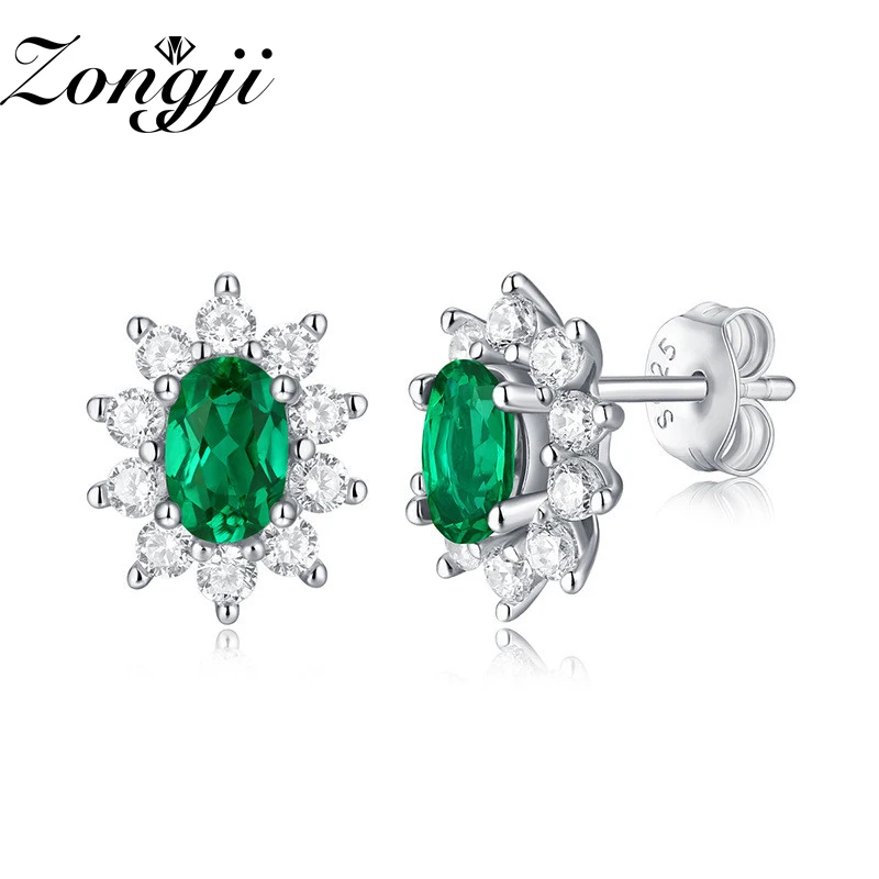 

ZONGJI 4* 6mm 1.0ct Fashion Earrings for Women S925 Silver Canglan Ear Studs Bred Emerald Wedding Bridal Fine Jewelry Party Gift