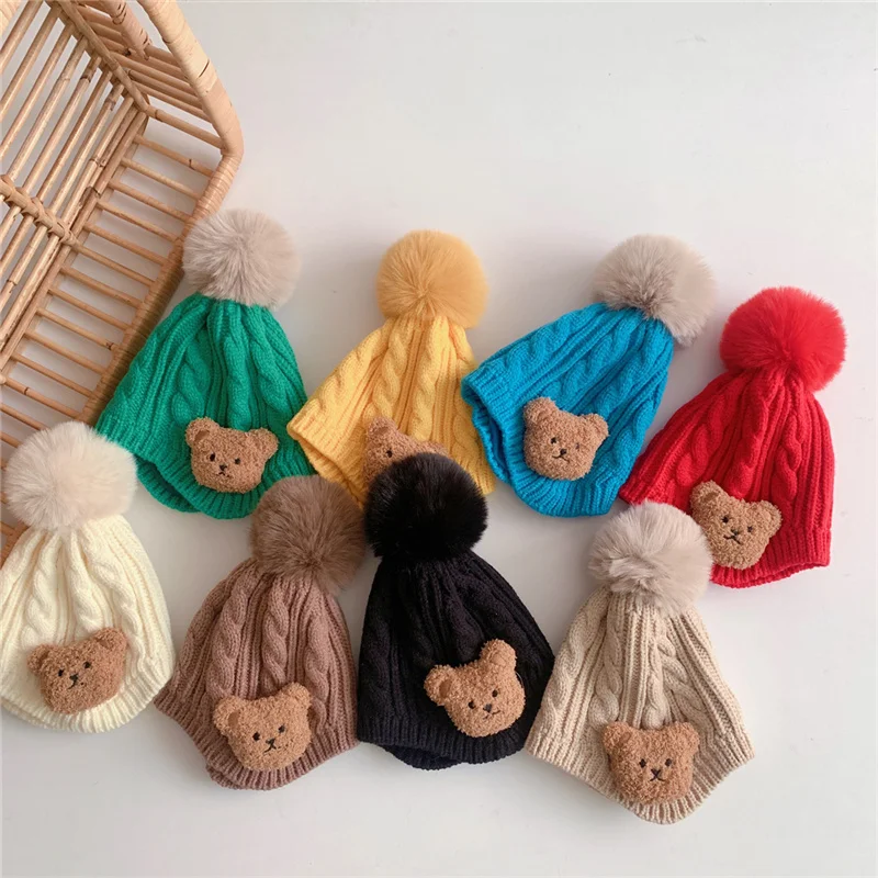 

Blotona Kids Baby Boys Girls Autumn Winter Hairball Hat Cute Bear Knitted Warm Beanie Cap Cold Weather Accessories, 2-6Years