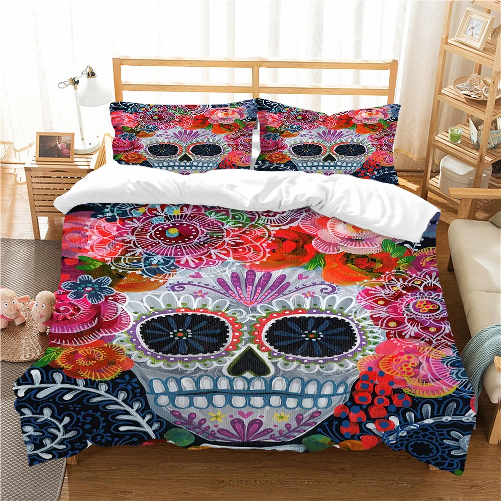 

Flower Skull Bedding Sets King Size Luxury Sugar Skull Duvet Cover Set Full King Bed Set Comforter Set Home
