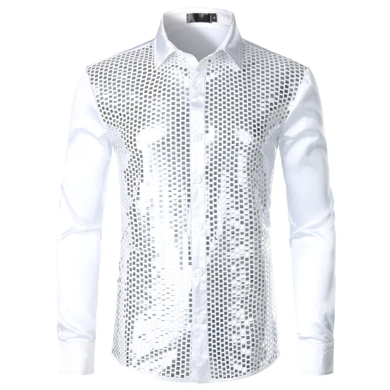 

Shiny Gold Sequin Black Silk Dress Shirts Men Long Sleeve Button Down Shiny Disco Party Shirts Male Nightclub Party Prom Chemise
