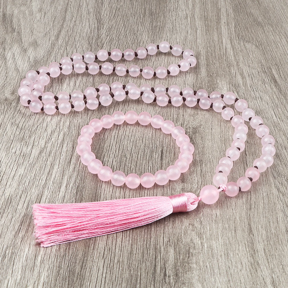 Комплект из ожерелья и браслета с розовой кисточкой 8 мм |