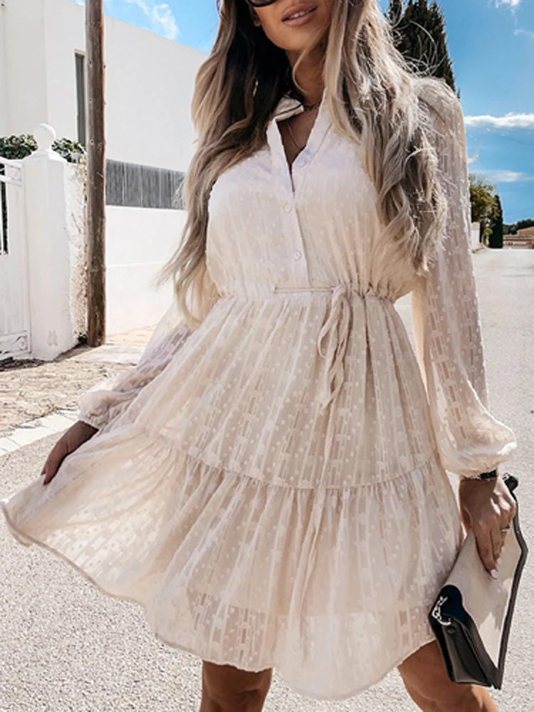 

Elegant Solid Stand Collar Long Sleeve Women Dress Fashion V Neck Button Drawstring Waist Mini Dress Casual Pleated Loose Dress