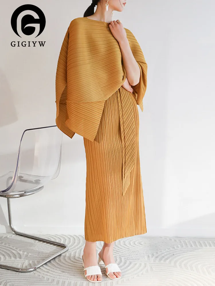 

GIGIYW Women Solid Pleated 2 Piece Set Camisole Straight Dress Scarf Collar Irregular Shawl Elegant Lady Spring 2023 New