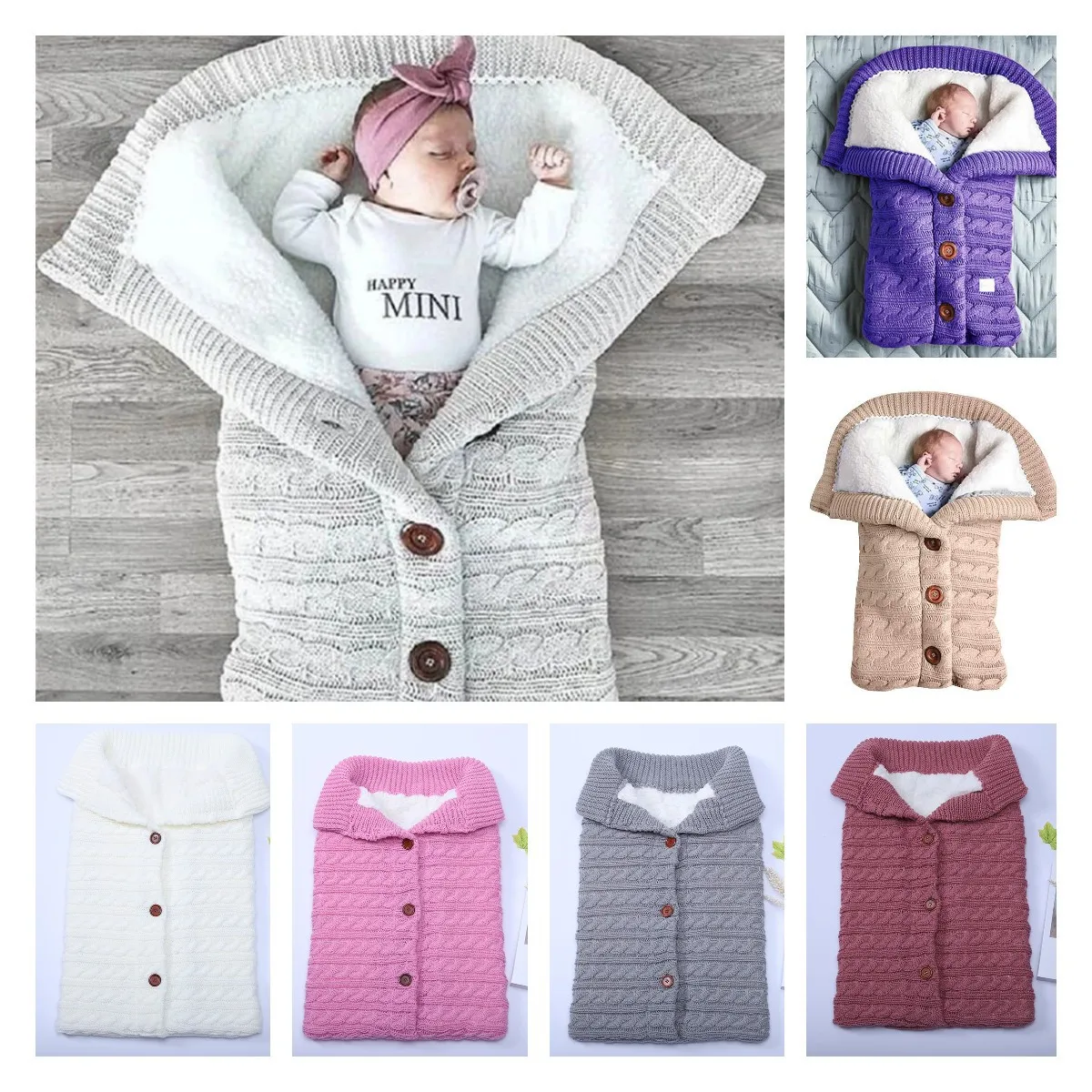 

Newborn Baby Knitted Stroller Sleeping Bags Button Knit Wrap Swaddle Blankets Bedding Envelope Infant Sleepsack 0-1-2 Month S08