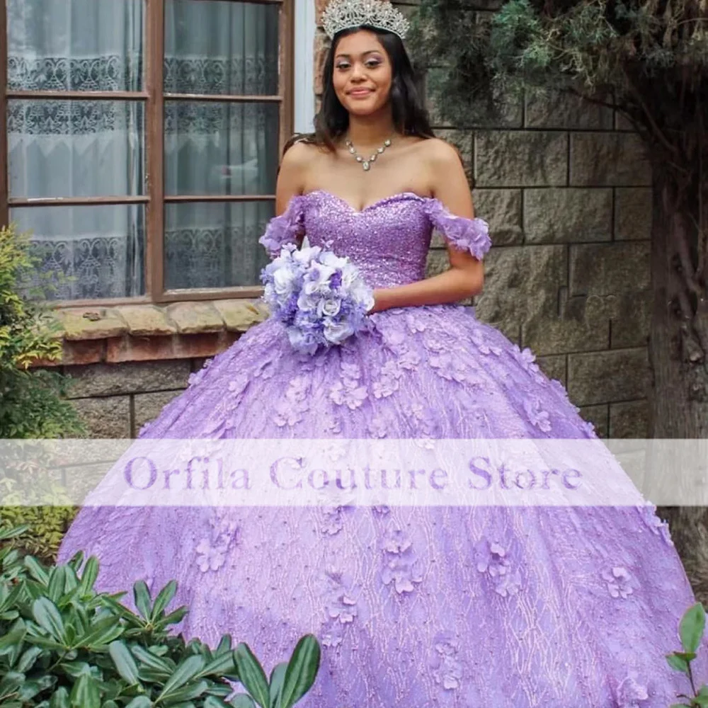Фото Фиолетовое мексиканское платье Quinceanera 2022 с цветочной аппликацией и блестками, милое бальное платье 16, платье для выпускного вечера, платье д... №3