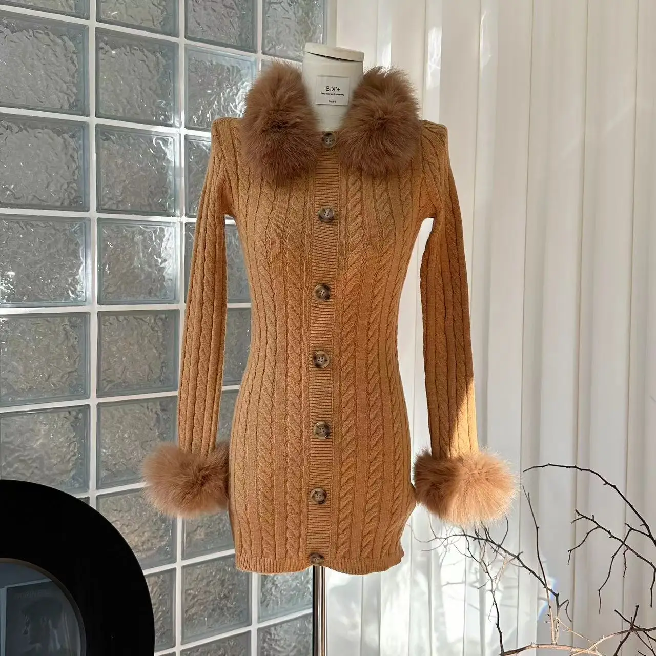 

Orange Brown Dyed Real Fox Fur Collar Twisted Slim Fit Long Sleeved Dress for Women Front Buttons Short Package Hip Dresses