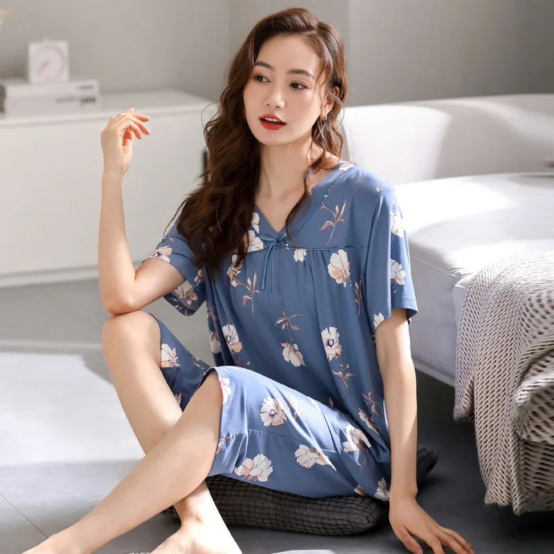 

3XL Women's Pajamas Sets 2PCS Sexy V-Neck Print Floral Pyjamas Suit Casual Sleepwear Summer Nightwear Homewear Clothes