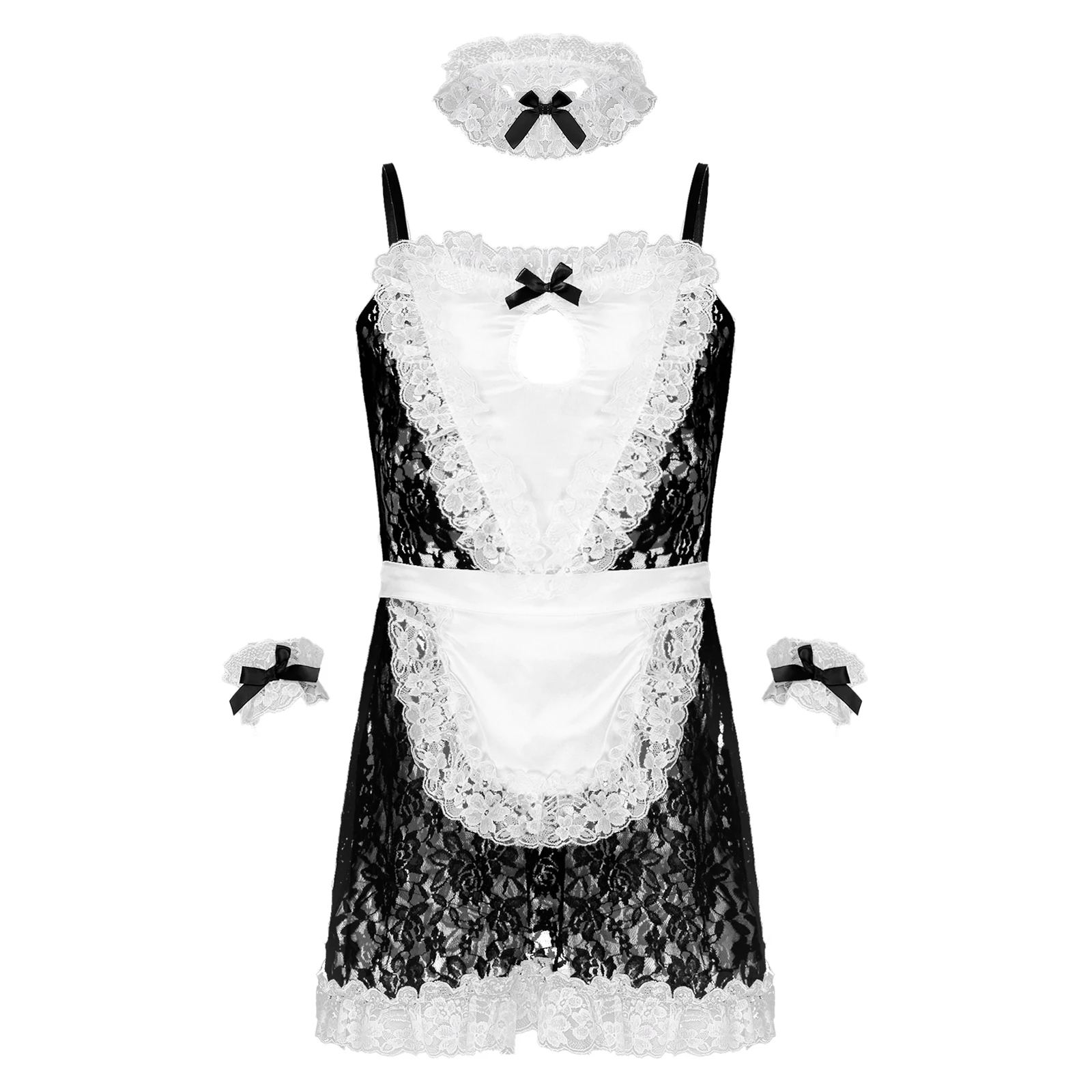 

Sissy Gay Lingerie Suit Man Erotic Costume Maid Role Play Cosplay Outfit Floral Lace Frilly Dress with Apron Neck Ring Wristband