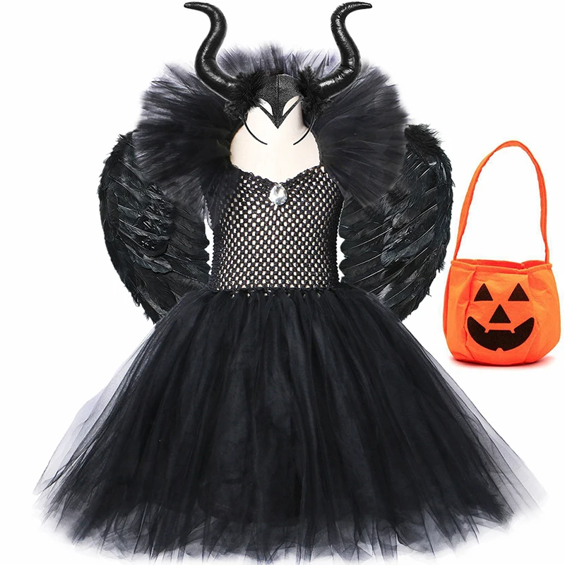 

Maleficent Halloween Costume Dress Deluxe Girls Fancy Christening Black Glam Gown Tutu Dress Kids Demon Queen Witch Clothes