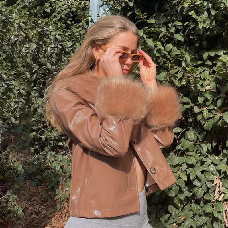 Autumn Winter PU Leather Cropped Jackets Women Fashion Black With Fur Faux Long Sleeve Fashion Y2K Brown Coat Turn Down Casual