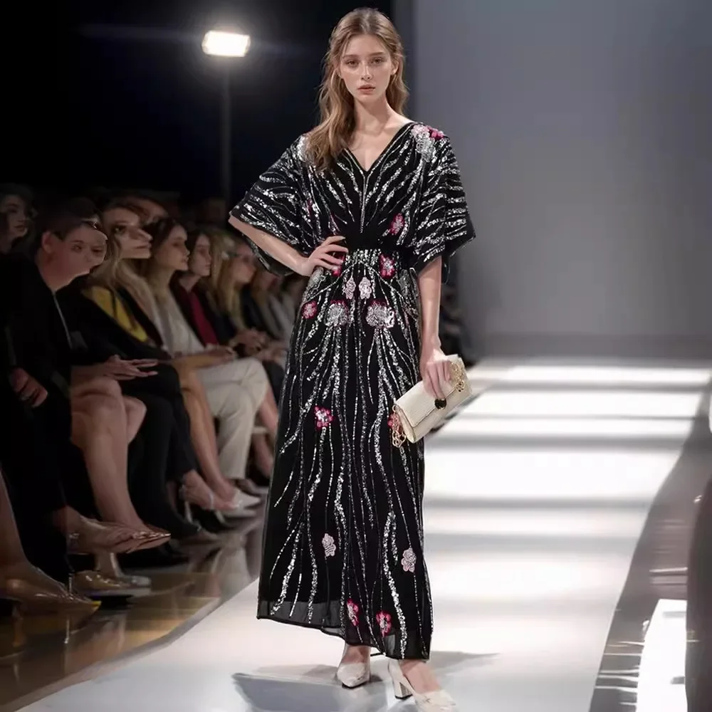 2024 новое летнее платье ручной работы с тяжелыми блестками и v-образным вырезом