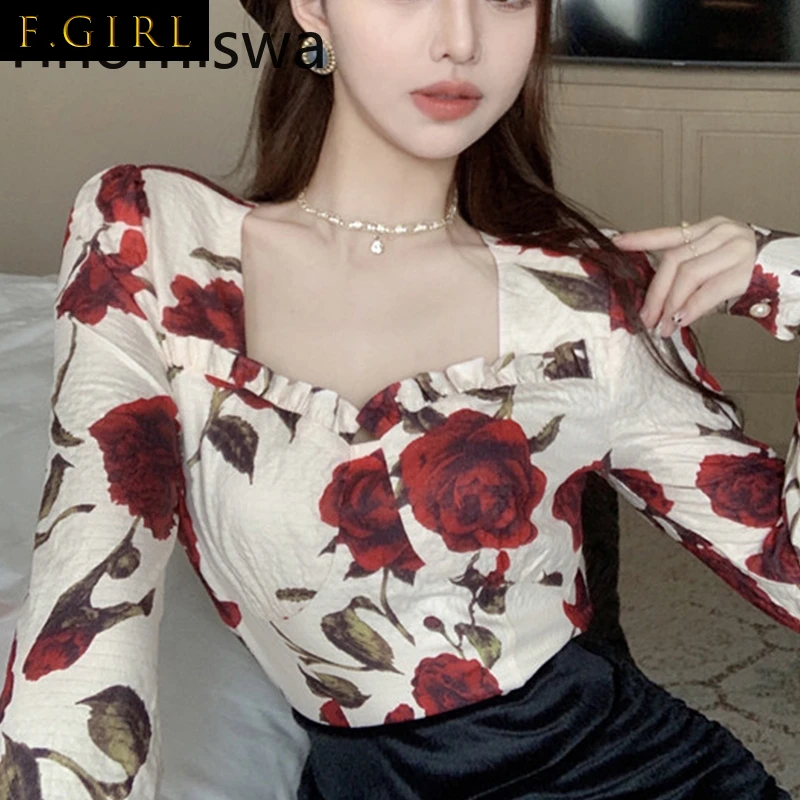 

Floral Printed Slim Fit Vintage Shirt Blouse Women Square Collar Long Sleeve Short Roupas Femininas Fashion Elegant Blusas Mujer