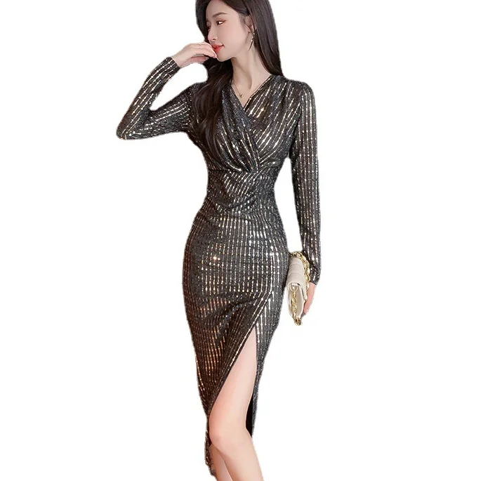 V Neck Gold Sequined Black Dresses Women Sexy Stretchy Bodycone Split Dresses Women Bling Bling Sequins Dress Party Club