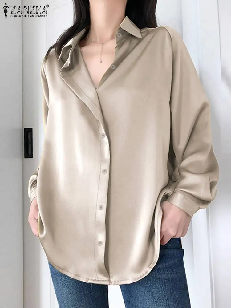

ZANZEA Elegant Women Long Sleeve Shirts Casual Solid Loose Satin Tops Tunic Oversized Fashion Solid Loose Lapel Neck Blusa Femme