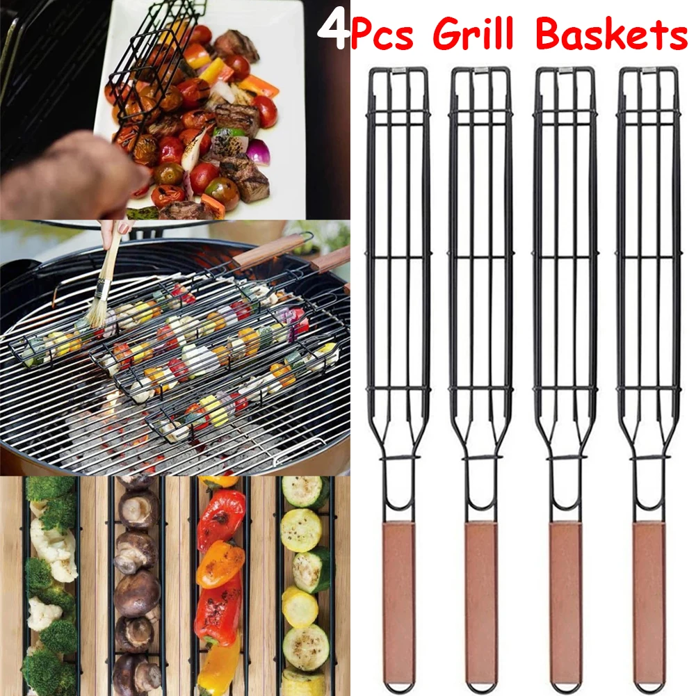 

1/4Pcs Portable BBQ Grilling Basket Nonstick Barbecue Skewer Grill Basket Tools Mesh Kitchen Tools Outdoor Barbeque Accessories
