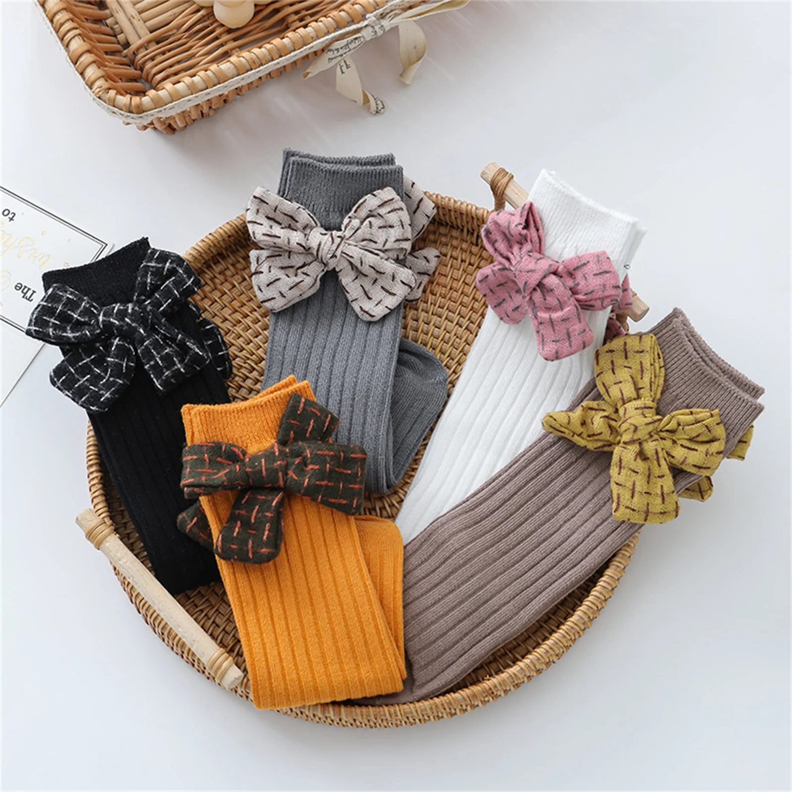 

Детские длинные носки для девочек, однотонные милые детские повседневные носки до колен с принтом и бантом