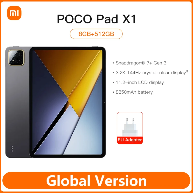 Фото Планшет POCO Pad X1 11.2 дюйма, 3.2K, 144 Гц, дисплей с защитой зрения, Snapdragon 7 Gen 3, 8 ГБ ОЗУ, 512 ГБ памяти, 13 МП камера, быстрая зарядка 45 Вт, аккумулятор 8850 мАч №1