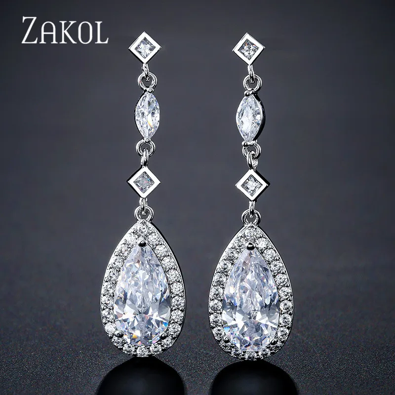 ZAKOL новые AAA + капли воды кубического циркония длинные висячие серьги для женщин
