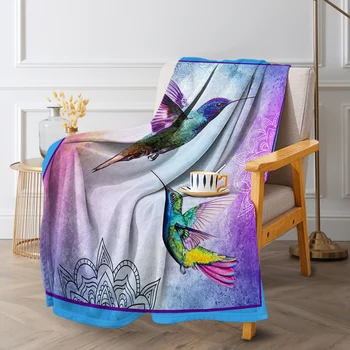 BlessLiving 3D Birds Mandala Flannel Throw Blanket Purple Background Colorful Animal Bohemia Blanket For Bedroom Sofa Bed Decor 3