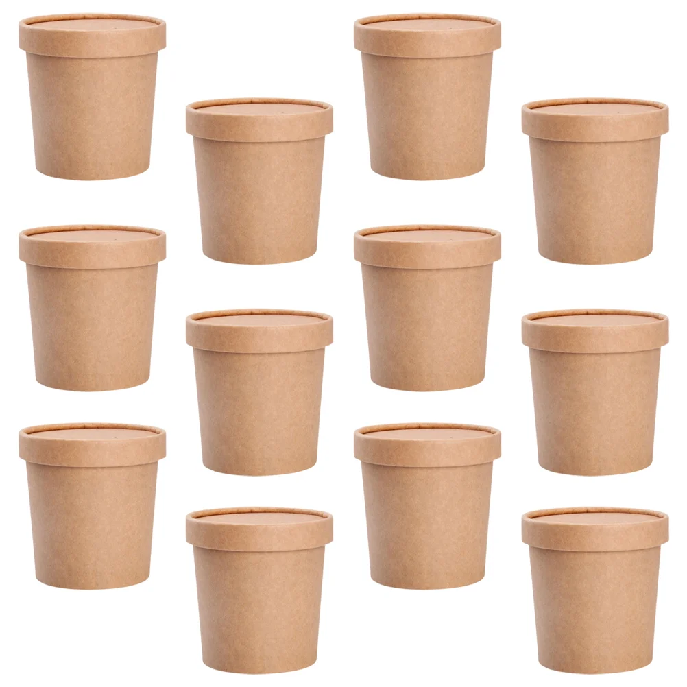 

25 Sets Disposable Porridge Cups Kraft Soup Buckets With Covers (Khaki)