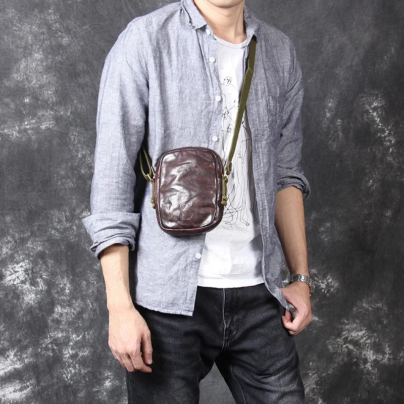 Vintage luxury genuine leather daily light men small mobile phone bag casual organizer real cowhide mini shoulder messenger bag