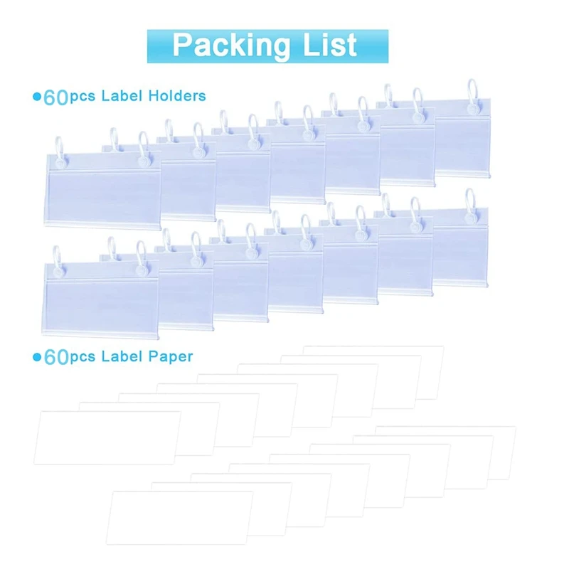60 шт. пластиковых держателей ярлыков для корзины с ценником, полочкой из проволоки и зажимом, с защелкой и бумажными вставками.