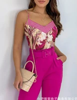 2022 summer striped floral print two piece womens sexy spaghetti strap top and solid pants set sportswear casual