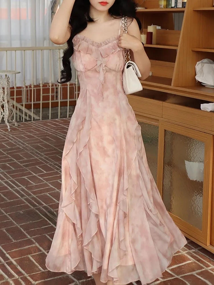 

Женское шифоновое платье на бретельках, розовое элегантное вечернее платье средней длины с принтом во французском стиле, милое летнее платье с оборками в Корейском стиле, 2023