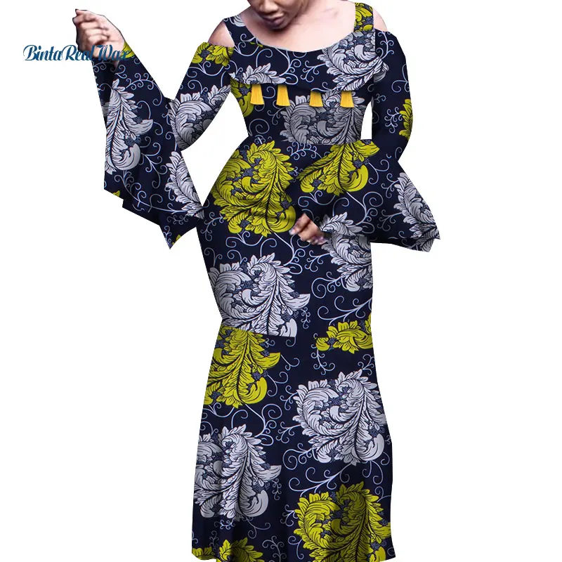 Африканские платья для женщин с принтом Платья расклешенными длинными рукавами