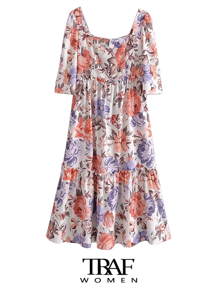 

Платье-миди с цветочным принтом, квадратным вырезом и коротким рукавом