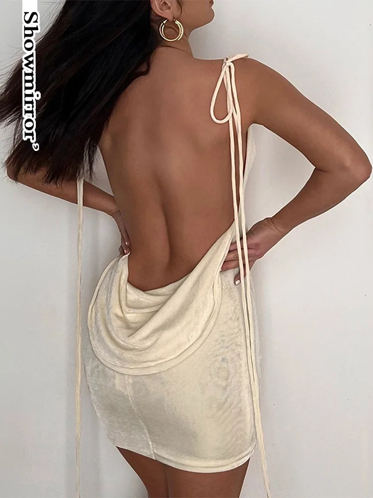 

Showmirror Sleeveless Swinging Collar Backless Slips Bandage Mini Prom Dress Summer Women Elegant Outfit Vacation Birthday Party